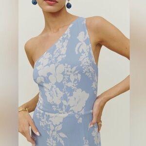 Reformation Evelyn Maxi Dress One Shoulder Side Slit Aliso Blue Floral sz 10